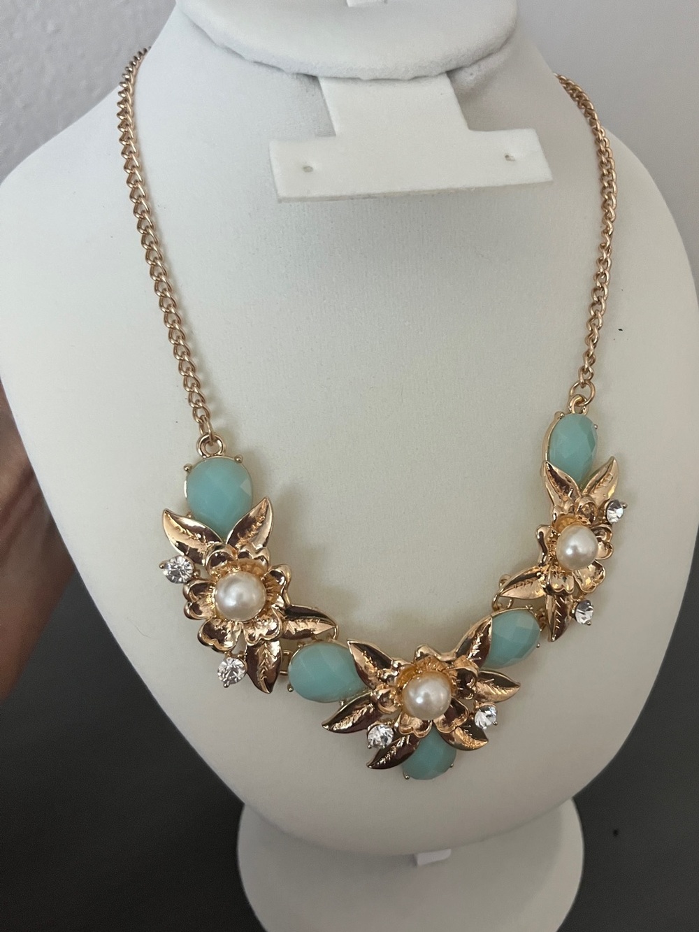 J CREW style - Gold Floral Statement Necklace with Mint Green Stones & Pearls